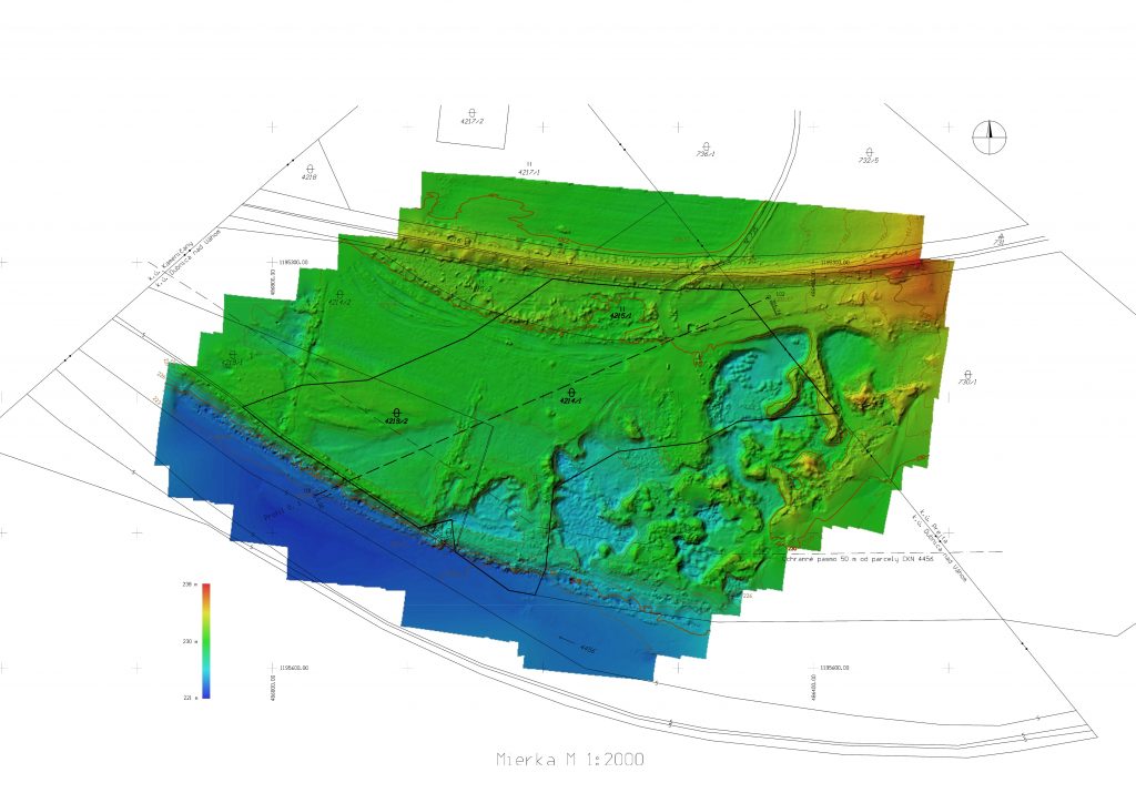 Príklad mapovania rozsiahleho územia a vytvorene digitálneho modelu terénu a následnej tvorby vrstevníc a zakreslenie do stavu katastra nehnuteľností.